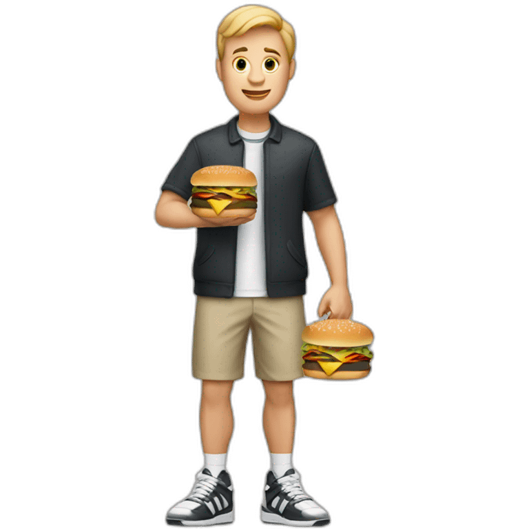 a white man with black short holding two burgers wearing sneakers emoji