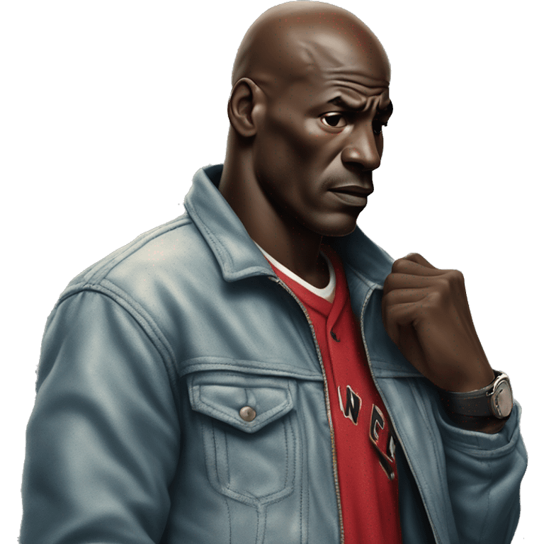 Michael Jordan in a jacket holds his head and is sad photorealistic serious emoji