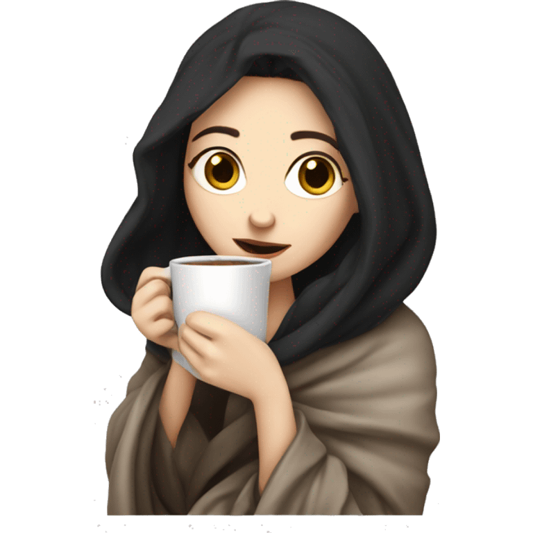 Pale girl with dark hair cozy in a blanket sipping coffee  emoji