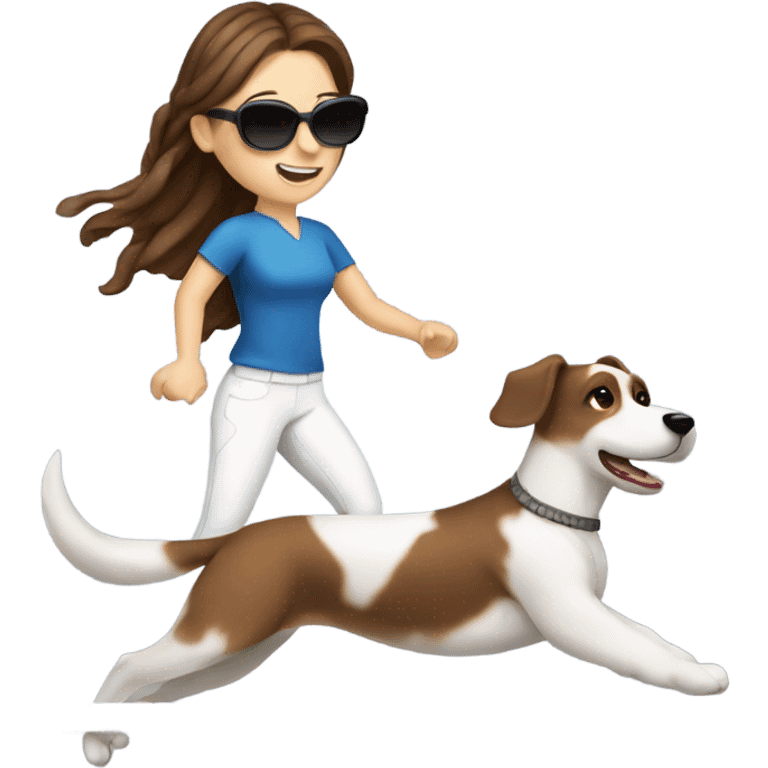 Brown hair braid woman with sunglasses doing dog agility with white dog emoji