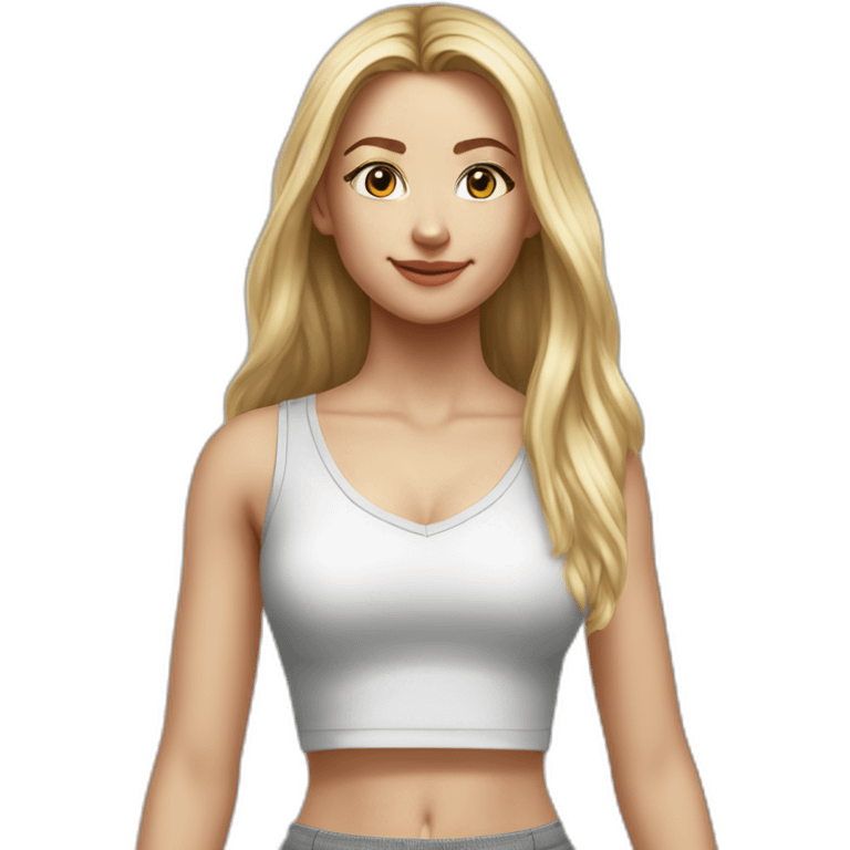 hyperrealist caucasian girl, long straight blonde hair, white v-neck laced crop tanktop, grey tight micro skirt emoji