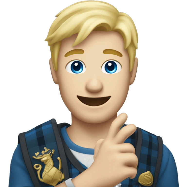 Male with blonde hair and blue eyes waving hand smiling with a Scotland emoji