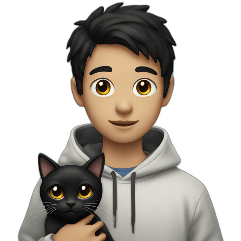 black haired and white skin boy who wears hoodie holds a black cat emoji