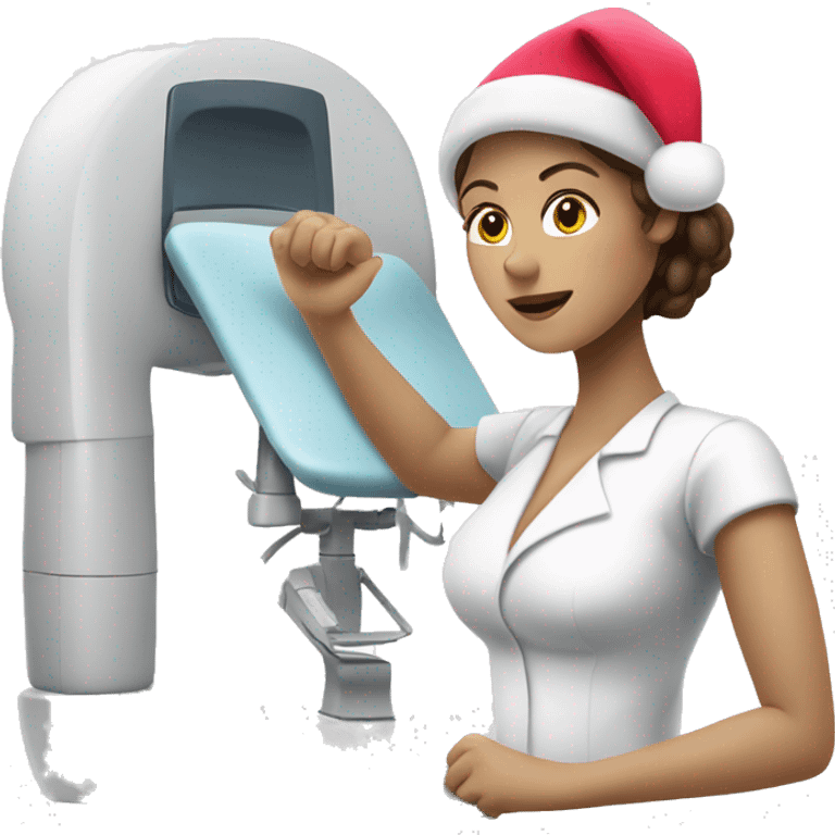 white brunette woman getting a Mammogram while wearing a Santa hat emoji