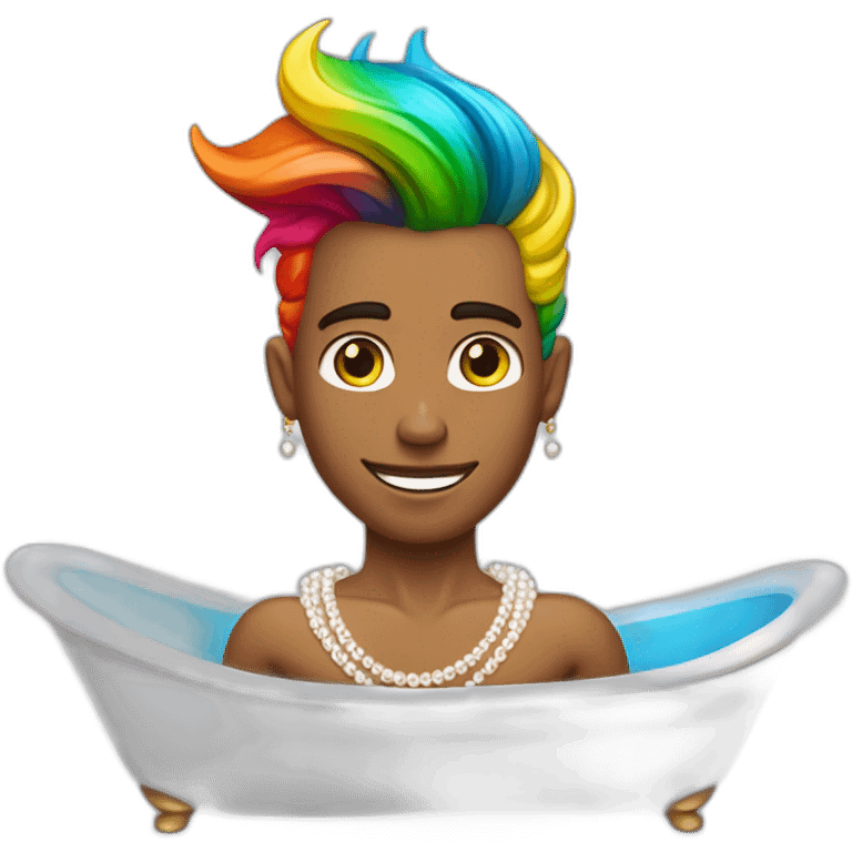 posh-muscle-boy-with-pearl-necklace-and-rainbow-unicorn-hair-in-golden-bathtub emoji