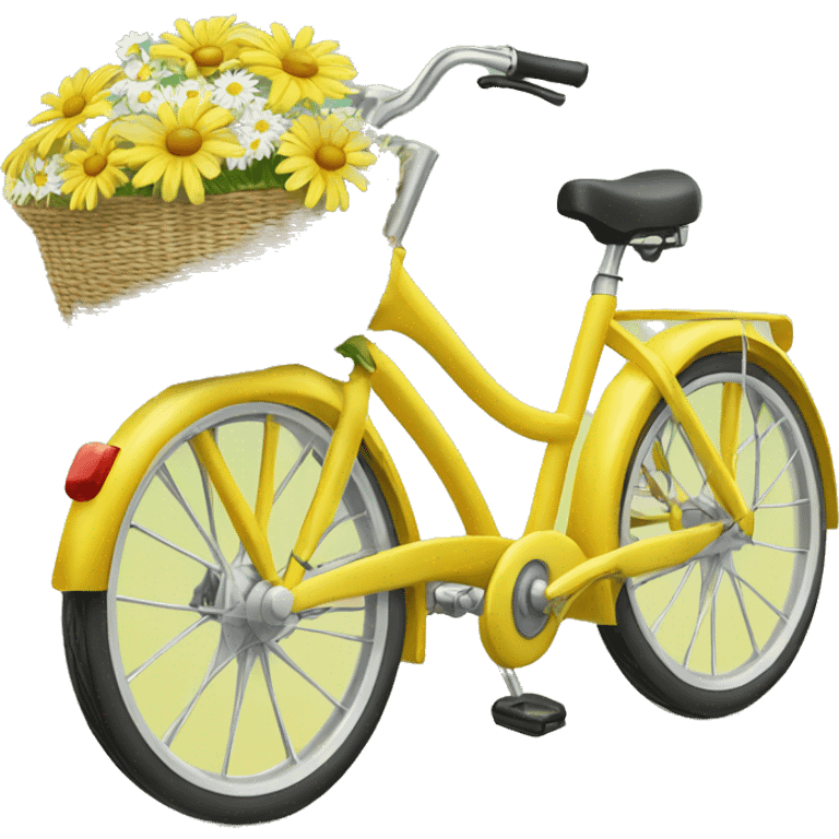 Yellow beach style bicycle with basket full of daisies emoji