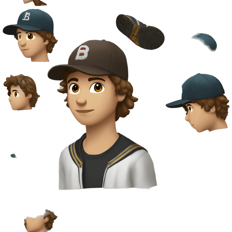 Teenager boy type mexican, White skin, with baseball cap backwards with wavy brown hair (Which go down behind to the nape of the neck), Little bit dezoom emoji