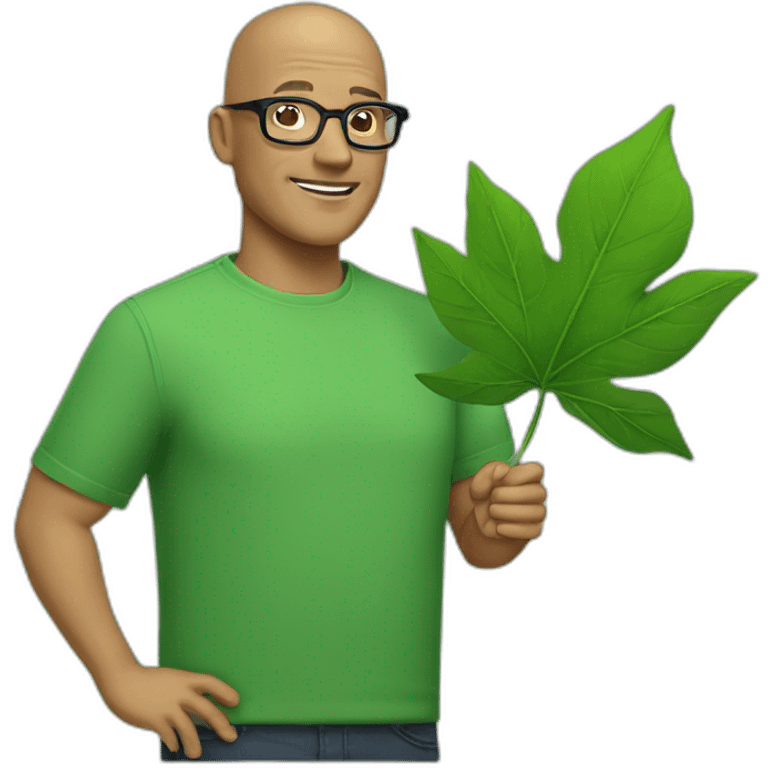 a middle aged bald man in square black glasses wearing a green shirt and holding a green leaf emoji