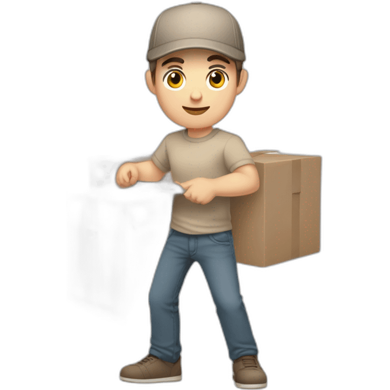 Pale skinned fit Man with dark brown hair in a beige cap, gray jeans and brown polo T-shirt keeping a pasted with tape white box into his hands emoji