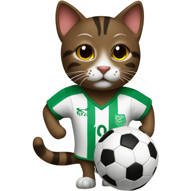 dark brown tabby cat playing soccer in a soccer jersey emoji