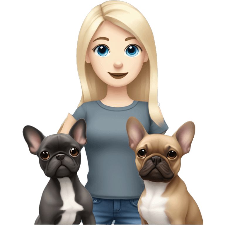 Blonde girl blue eyes holding a dark grey frenchie and a fawn pied frenchie emoji