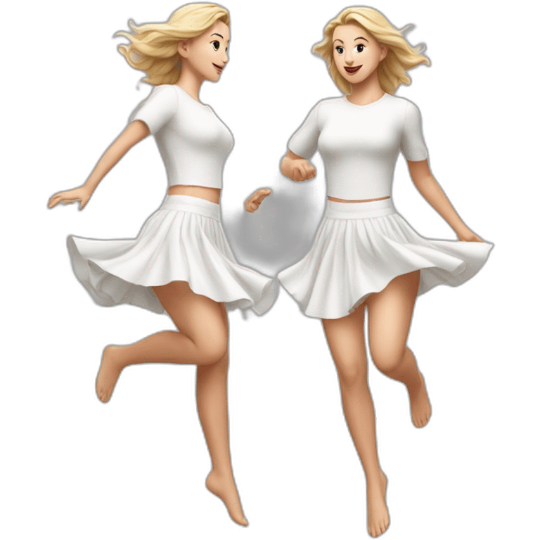 Hyperrealistic Full body Caucasian curvy beauty jumping white skirt back and front views strong wind emoji