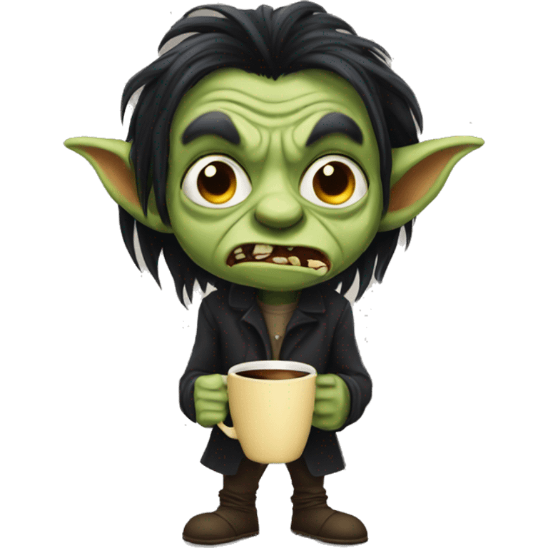 ugly goblin with big nose long black hair holding coffee emoji