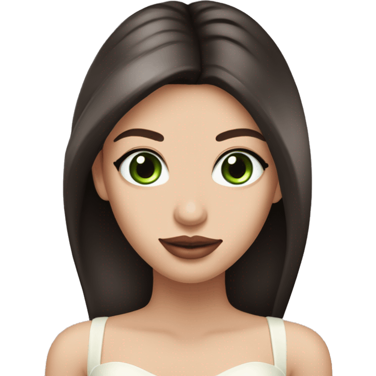 beautiful girl with high cheek bones, long straight shiny dark brown hair, big green eyes and big pale pink lips. Wearing a cream bustier emoji