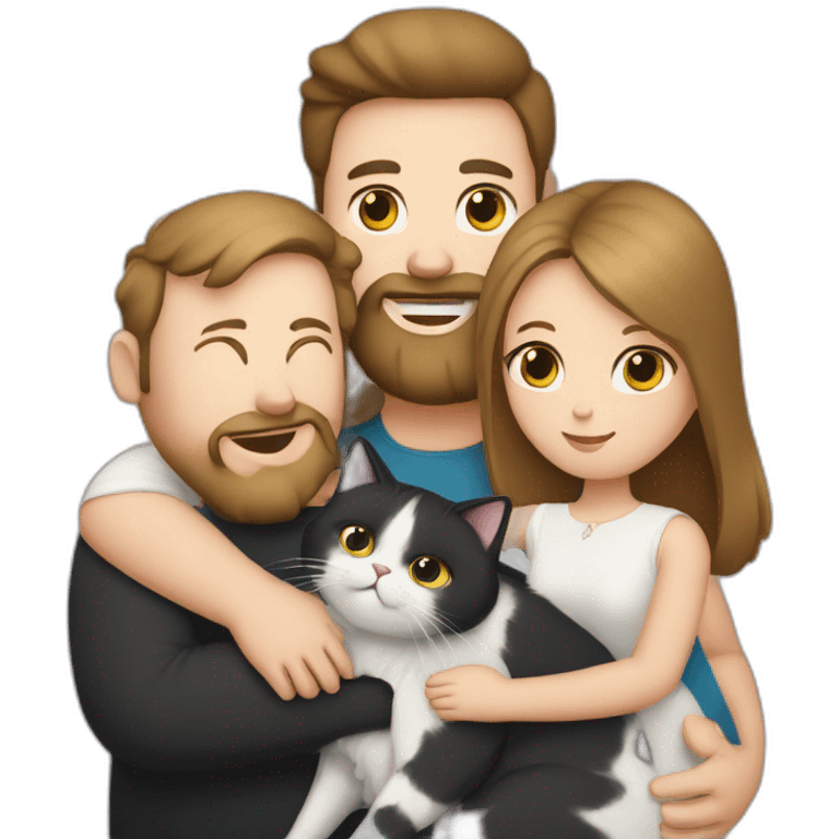 Family photo a fat husband with a beard is holding a white cat and wife with straight hair is holding a black cat emoji