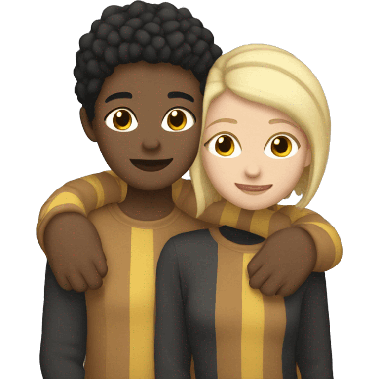 hugging lesbian where one wears a stripe yellowish color with slightly blonde hair with septum piercing and the other one wears brown clothes and black hair emoji