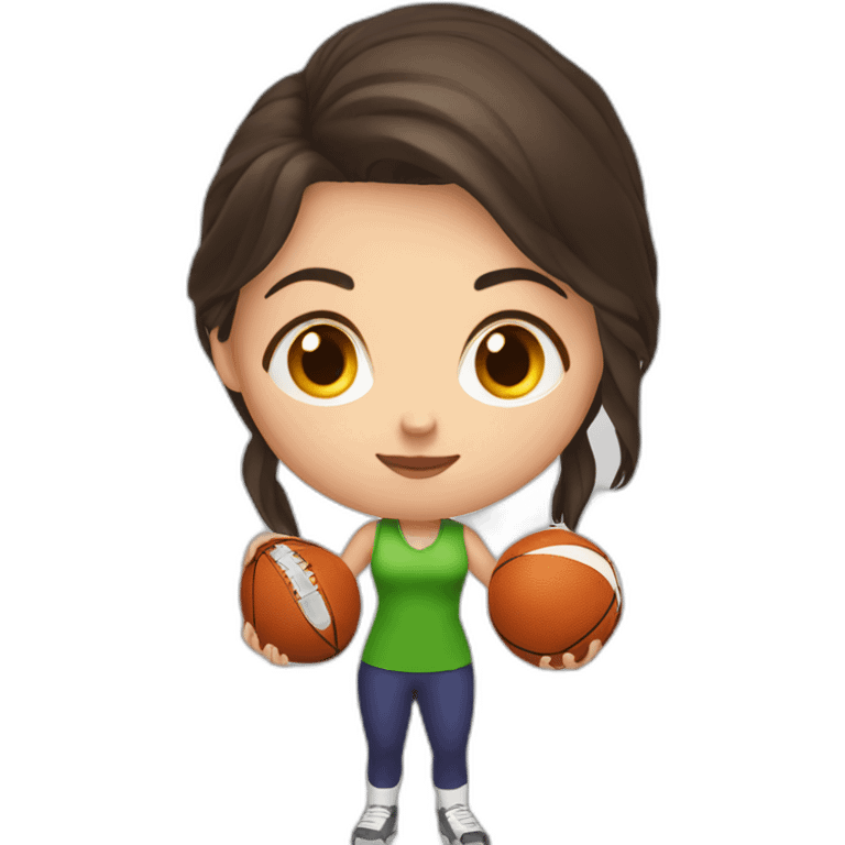 White skin brunette female playing football with very small basket ball emoji