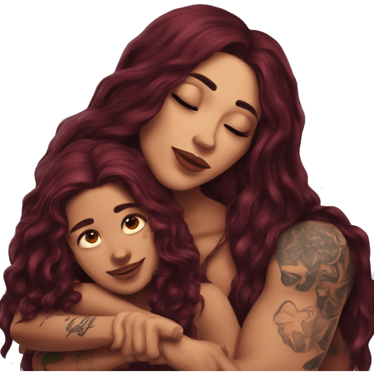 Beautiful tattooed burgundy long haired woman laying on the boyfriends chest emoji