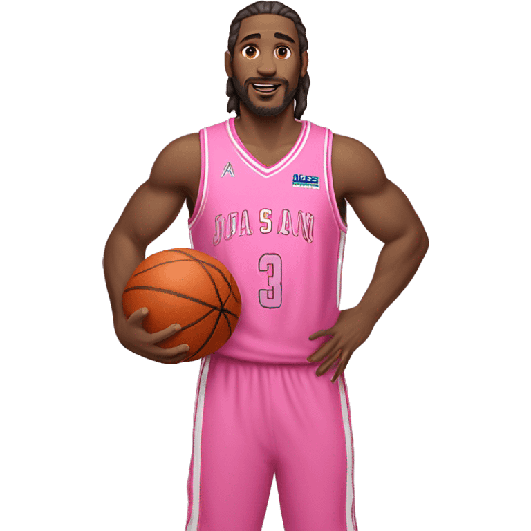 An emoji of a white-skinned man with slightly long hair, wearing a pink basketball jersey and holding a pink basketball emoji