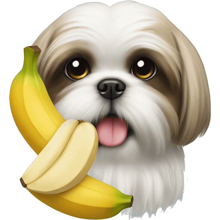 Shih tzu with a stuffed banana face in its mouth emoji