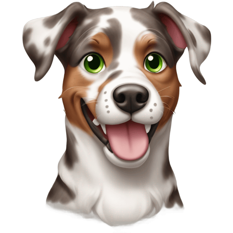 Happy Red Merle catahoula dog with green eyes and half white face emoji