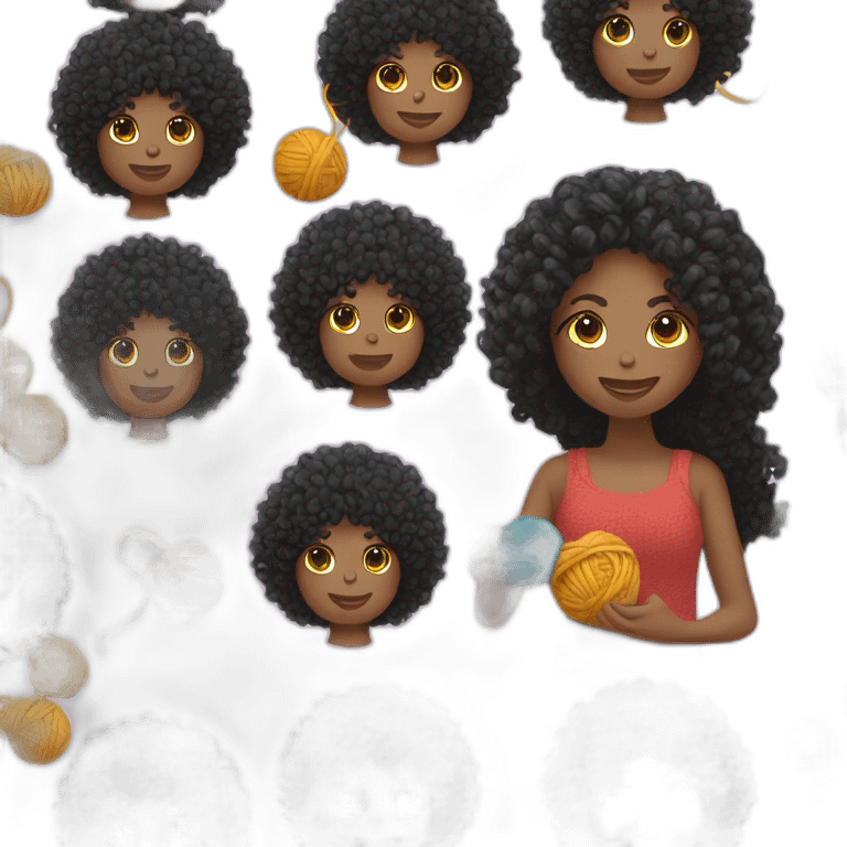 girl with curly mid black hair knitting with yarn ball emoji