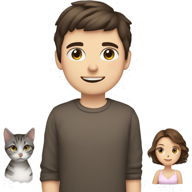 a brunette guy with fair skin, next to him a brunette girl with fair skin and between them a gray tabby cat emoji