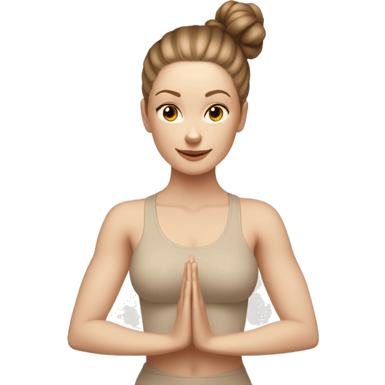 Pale skinned fit women in a beige tight yoga suit and wristbands with brown hair in a bun doing yoga emoji