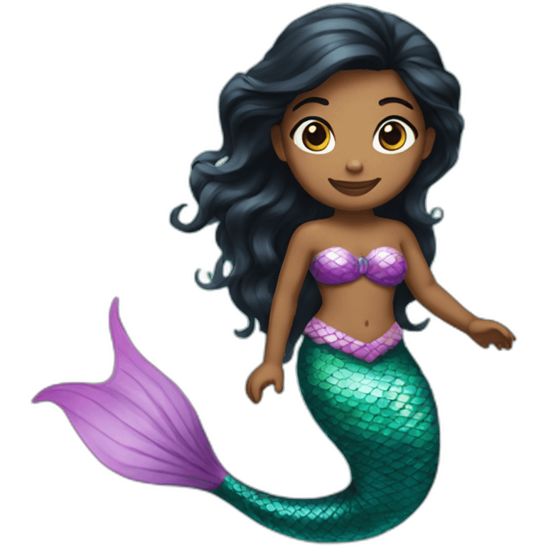 a mermaid with brown skin, black hair, and a colourful tail. emoji