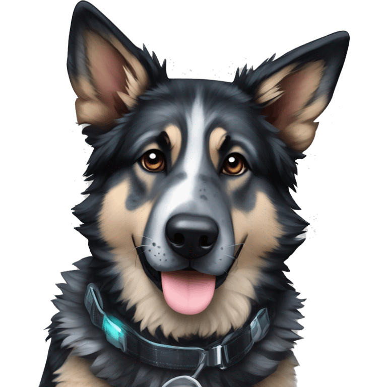  Black spotted brindle German shepherd husky fluffy ears and holographic harness running emoji