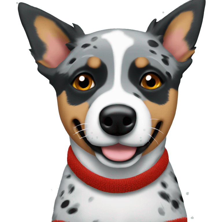 Blue heeler dog with one black spot on left eye in a Christmas sweater emoji