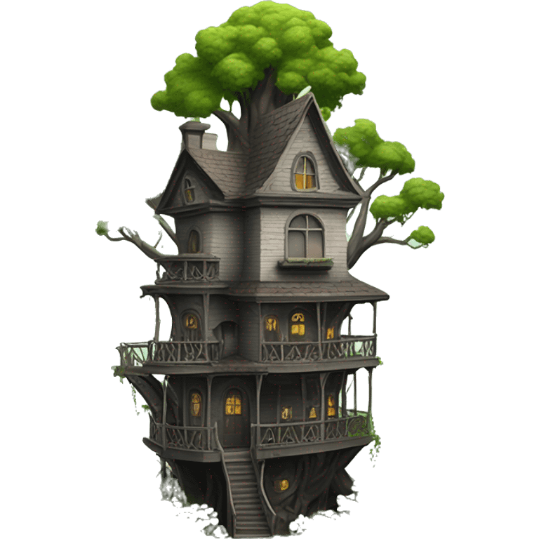 Miniature Fantasy haunted Addams tree house in an overgrown hotel on a hill  emoji