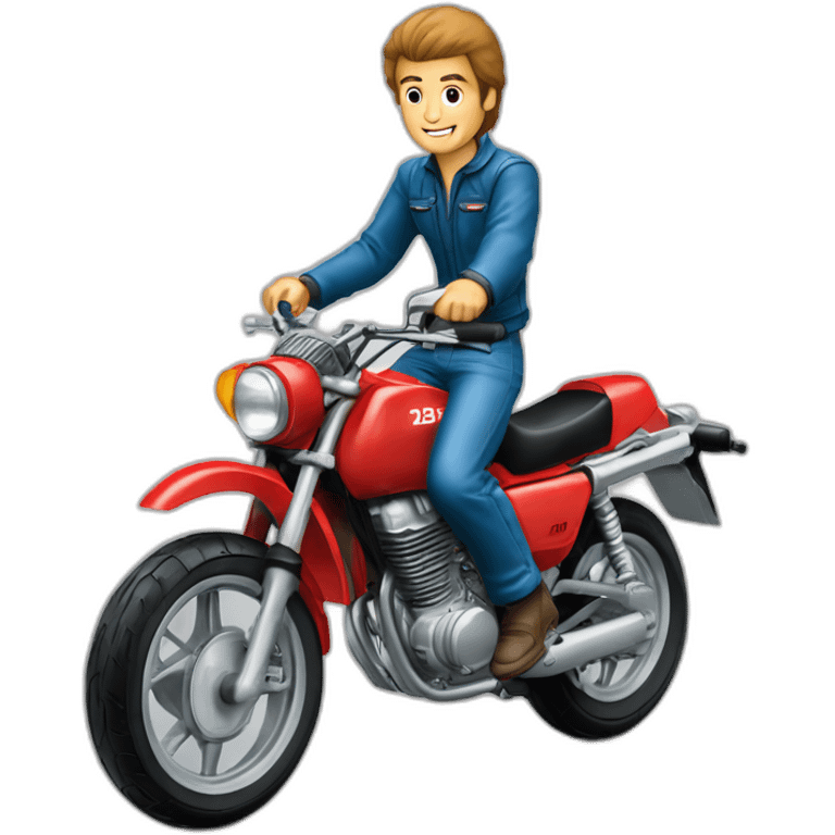 A middle age man “wheelie” the motorcycle honda Red 250 cc 1985 emoji