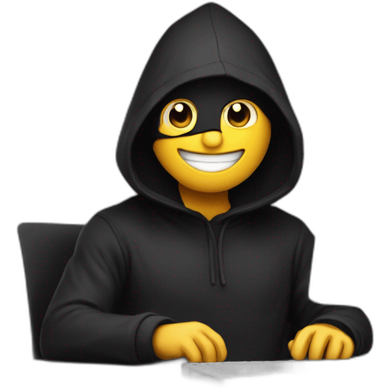 A happy Developer with a black hood behind his computer and taping on his keyboard emoji