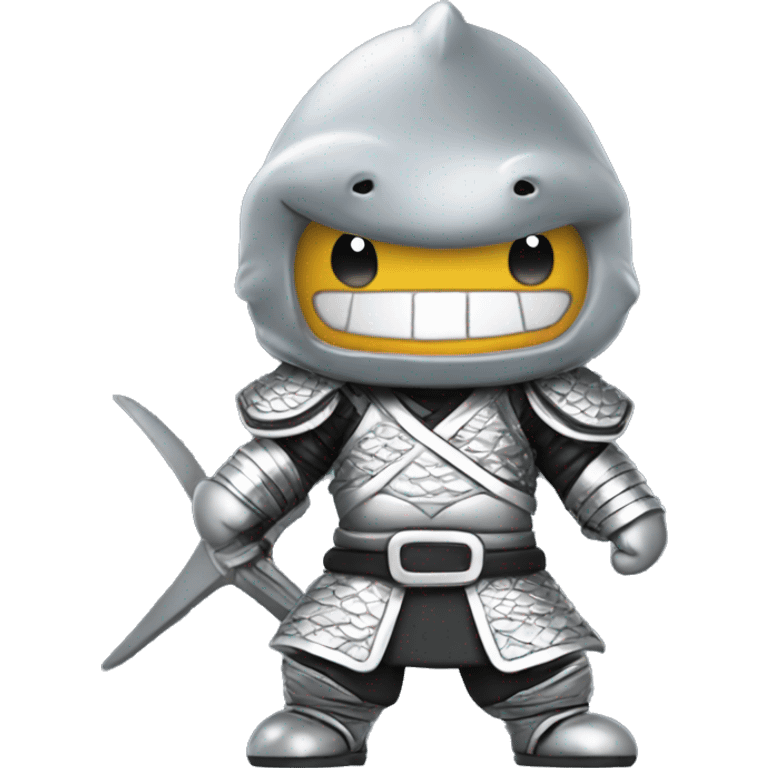 A fully silver chrome figurine of a shark in a samurai outfit. emoji