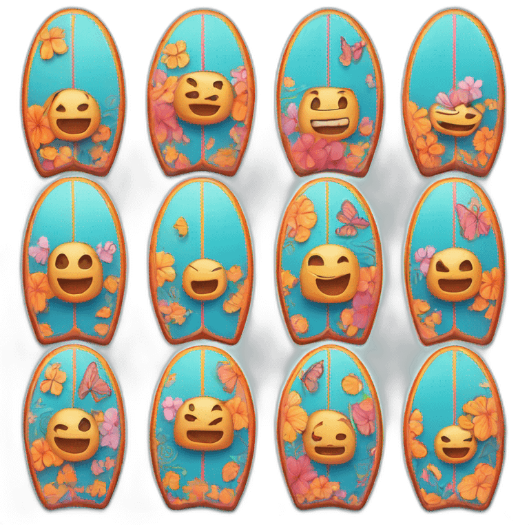 A surfboard Cartoon Blue and orange tiki smiling with butterfly and and Cartoon Blue and pink tiki singing  emoji