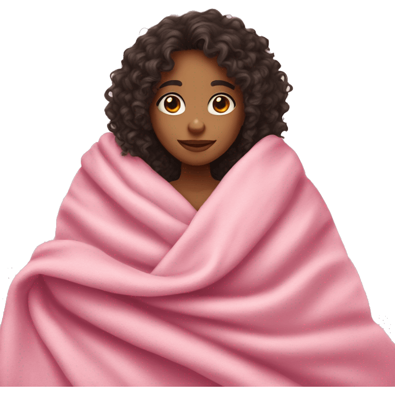 girl with curly dark hair and light skin cuddled in a pink blanket emoji