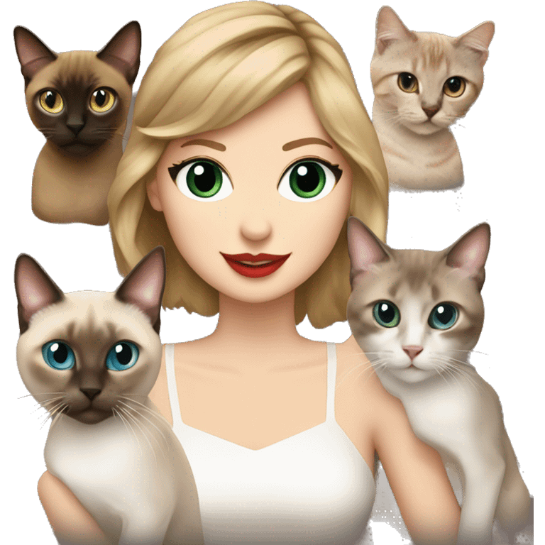 taylor swift with three cats (a black, a chocolate-point siamese, and a tabby-point siamese) emoji