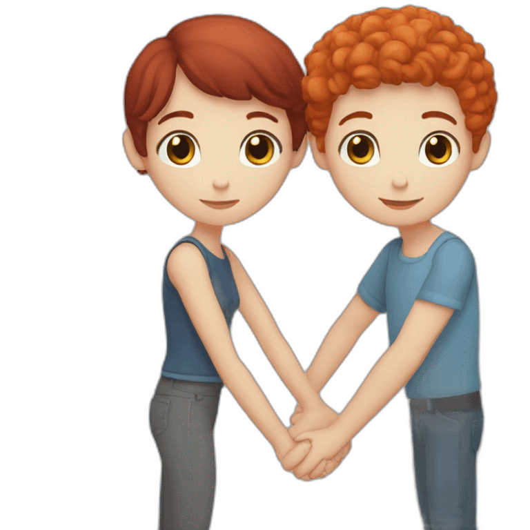 Blue eyed brunette short haired boy and red haired girl holding hands emoji