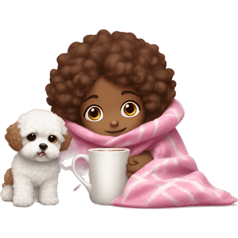 Brown girl with brown hair drinking hot chocolate with a pink and white blanket around her with her maltipoo puppy emoji