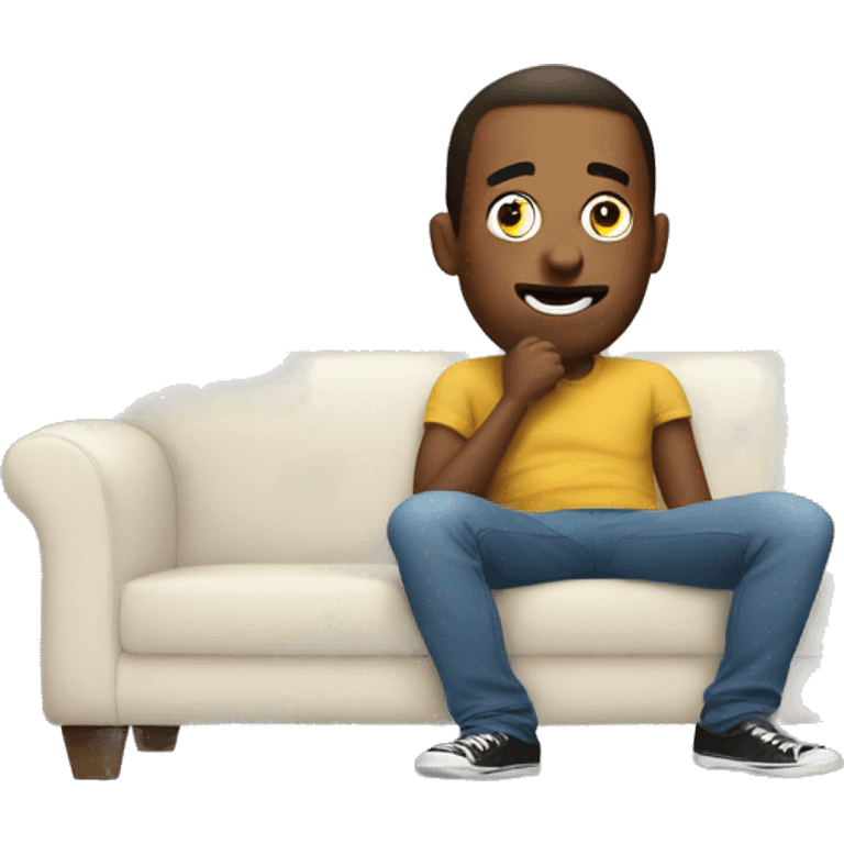 men mewing while he is sitting on couch emoji