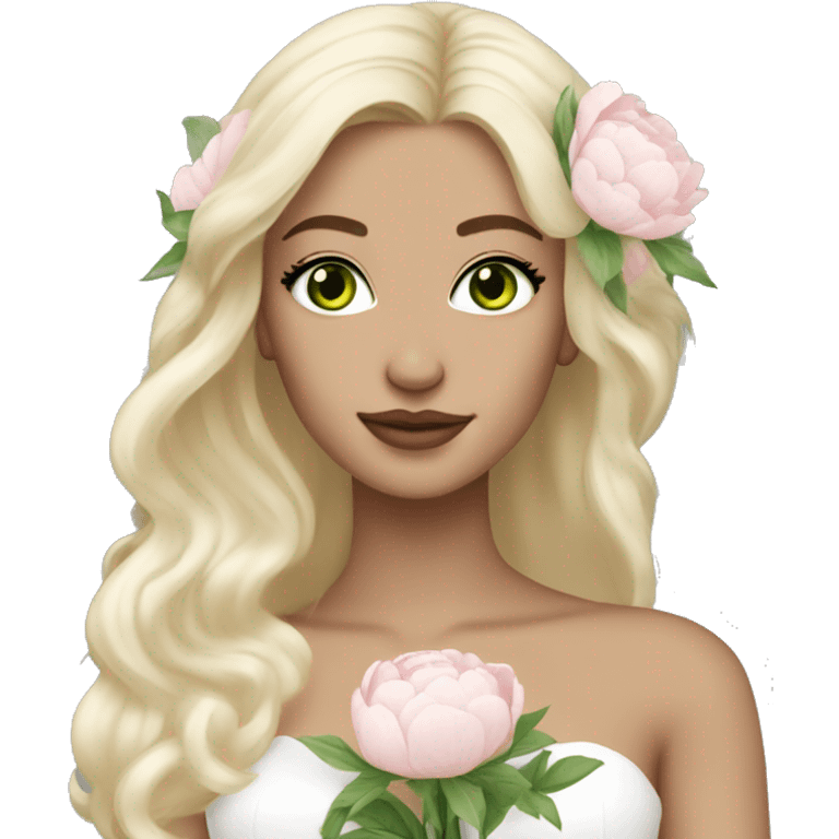 White bride with long light blonde hair and green eyes with light pink peonies in hair white skin  emoji