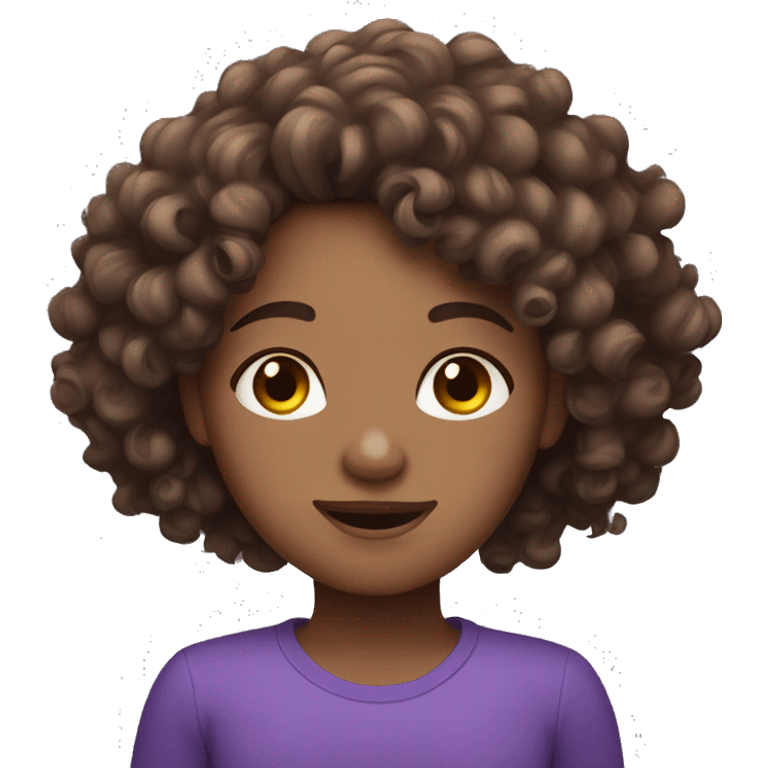 Curly brown haired girl with freckles wearing purple emoji