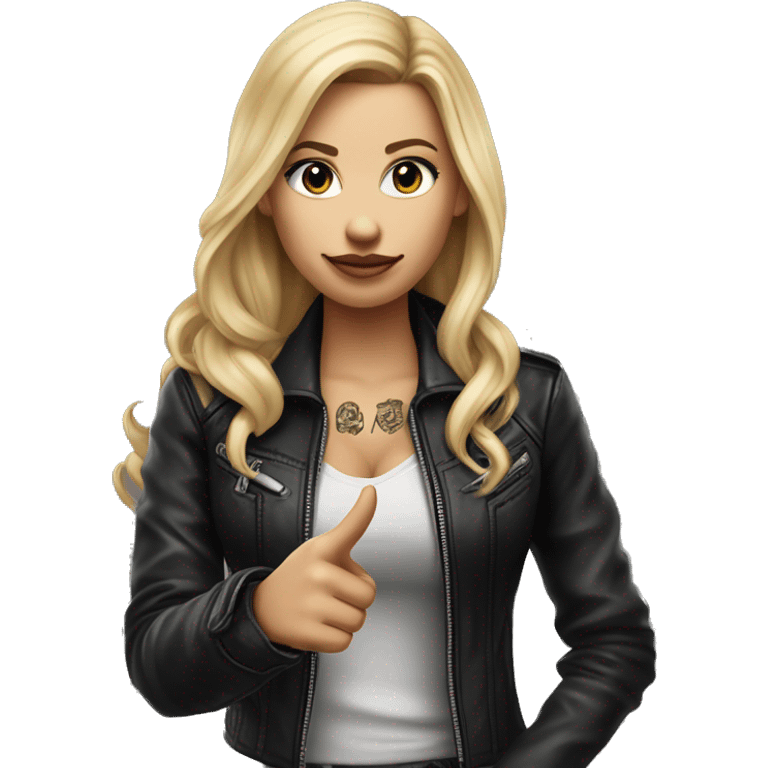 Blonde women with LONG HAIR, in Leather Jacket, Body Covered with Tattoos, POINTING YOU FORWARD with her HAND with INDEX FINGER, Hyper Realistic emoji