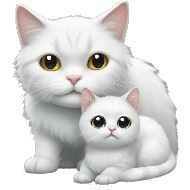 An adult white cat with a baby fluffy grey cat emoji