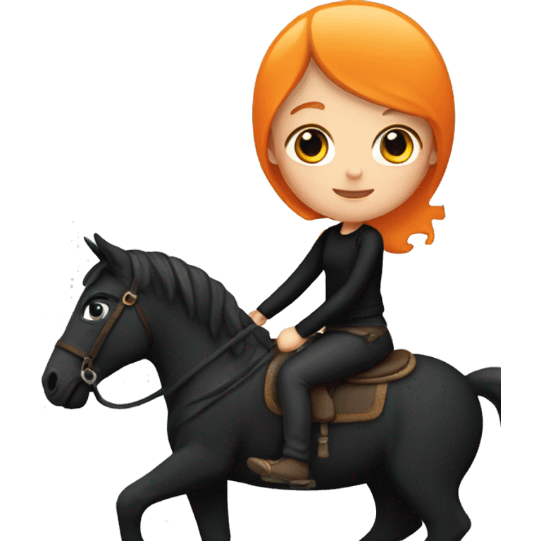 A pale little girl with orange pants on and a black shirt riding a black horse  emoji