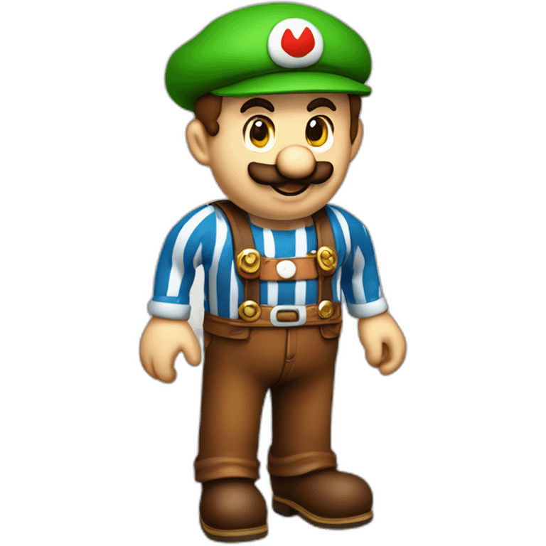 bavarian octoberfest visitor in super mario style. With a green hat, blue and white stripes shirt and brown leather pants. make the shirt blue and white emoji