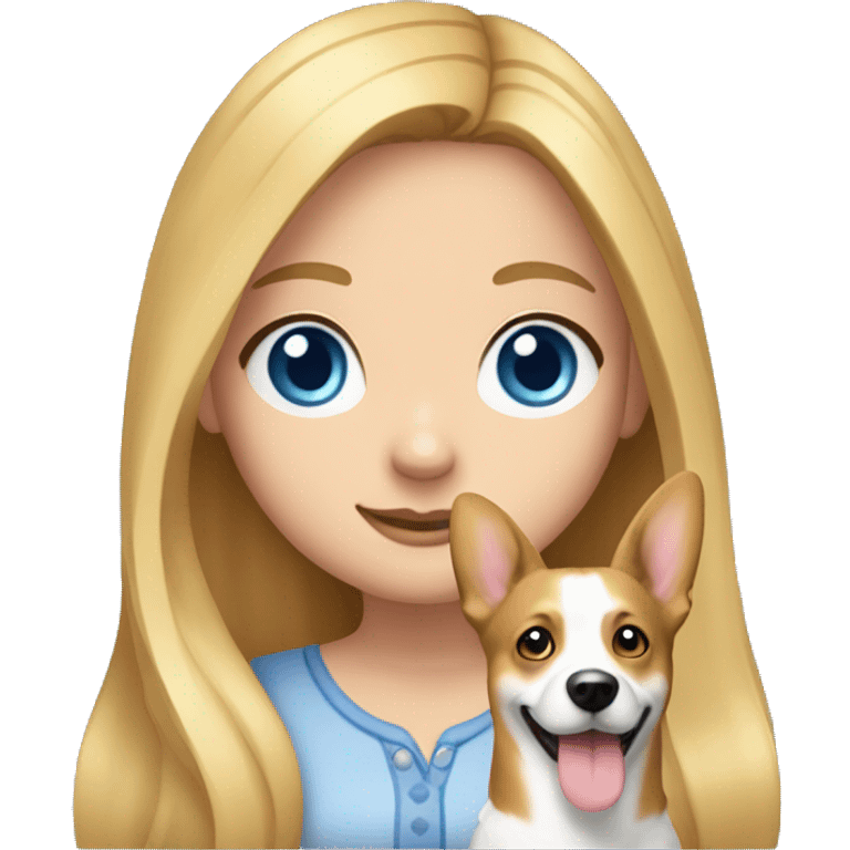 a girl with long blonde hair, she has blue eyes and a narrow nose and in her hands is a dog corgi emoji