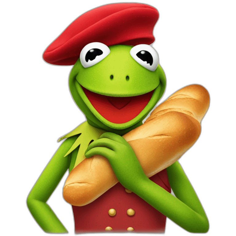 kermit the frog with a red beret and a baguette and being french emoji