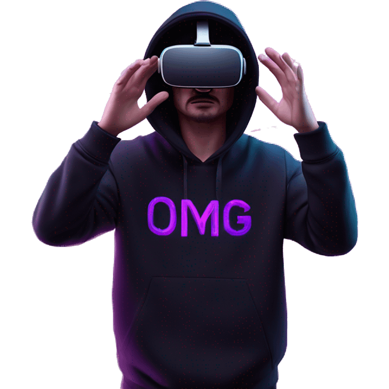 Russian man wearing a black hoodie with "OMG" letters on it and VR headset oculus quest 2 in a cyberpunk VR environment with violet neon lighting. Showing direction with hand emoji